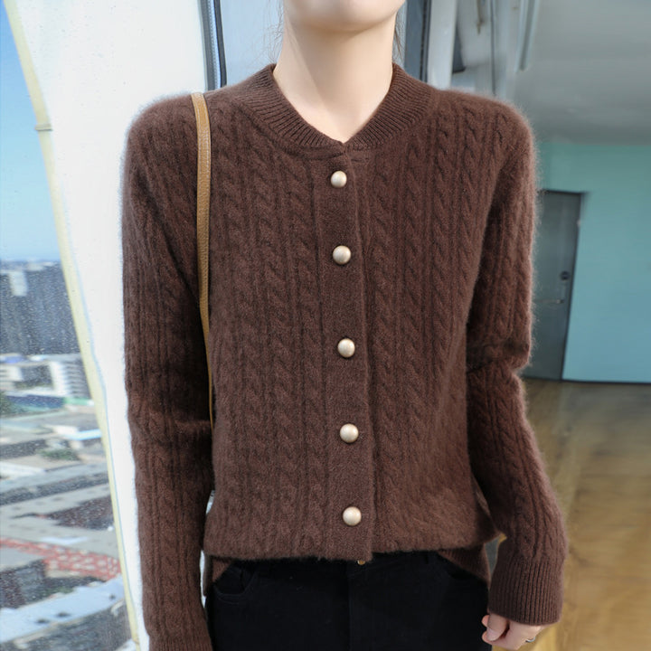 Damen Leichter Zopfstrick-Cardigan in Mohair‑Optik mit dekorativen Perlmuttknöpfen Drune