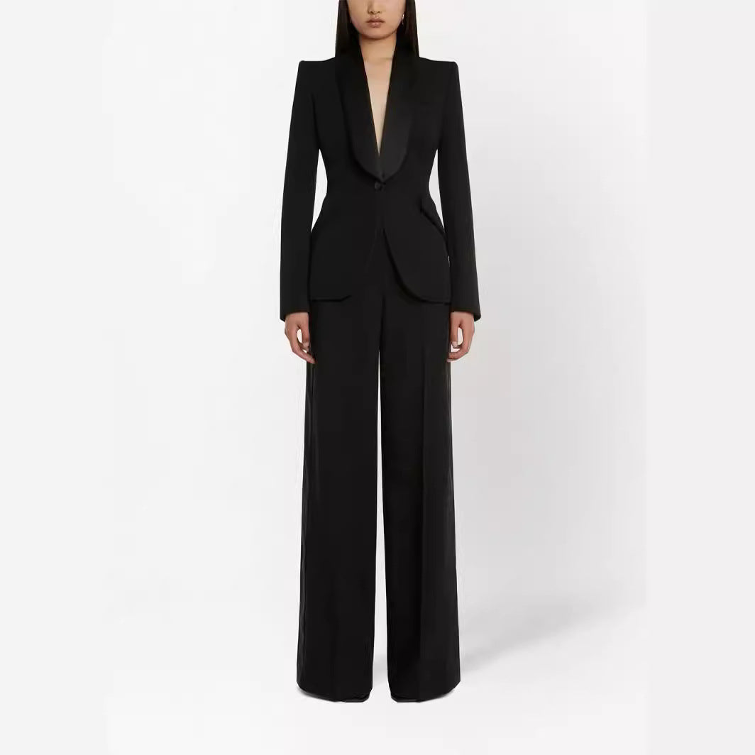 Damen Elegantes Smokingset im Tailoring mit tailliertem Einreihblazer und weiter Palazzohose Drune