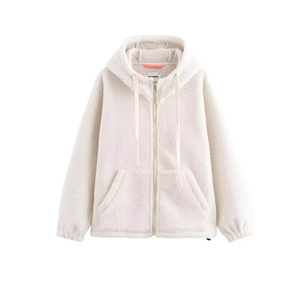 Damen Teddy-Fleece-Kapuzenjacke mit durchgehendem Reißverschluss und Kängurutaschen Drune