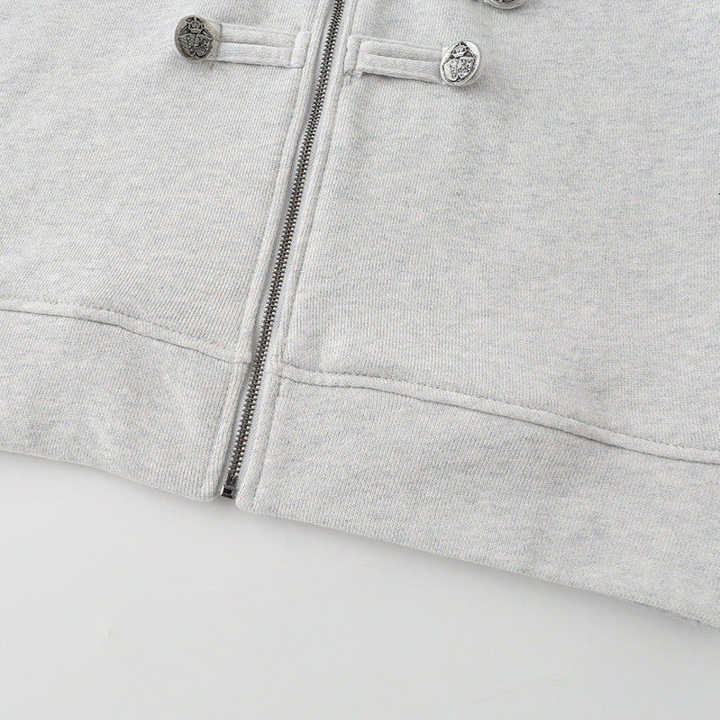Damen Kurz geschnittene Sweatjacke mit Stehkragen und dekorativen Zierpaspeln Drune