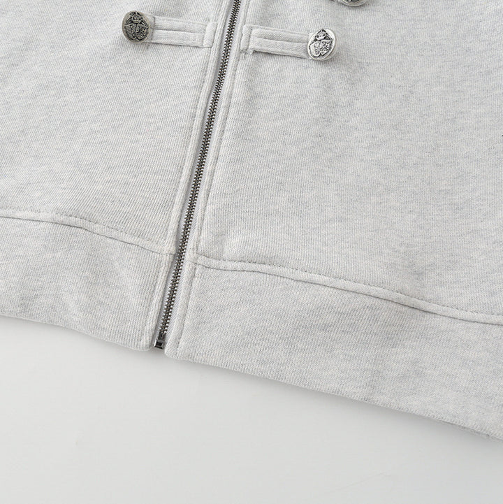 Damen Kurz geschnittene Sweatjacke mit Stehkragen und dekorativen Zierpaspeln Drune