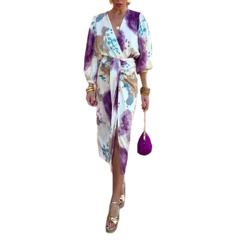 Damen Elegant ausgestelltes Wickelkleid mit Blumenmuster und weit geschnittenen Ärmeln Drune