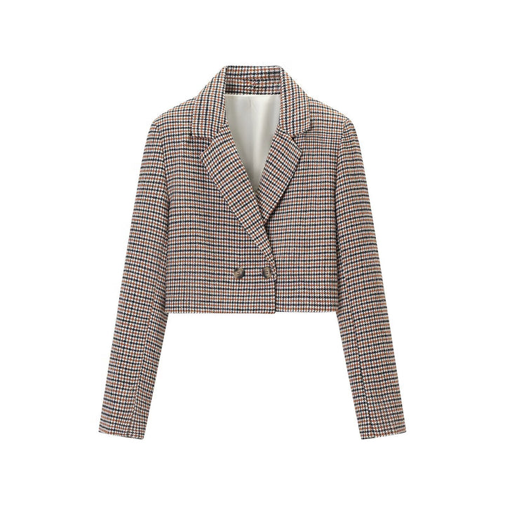 Damen Cropped Blazer im Hahnentritt-Muster mit doppelreihiger Knopfleiste Drune