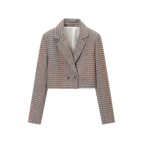 Damen Cropped Blazer im Hahnentritt-Muster mit doppelreihiger Knopfleiste Drune