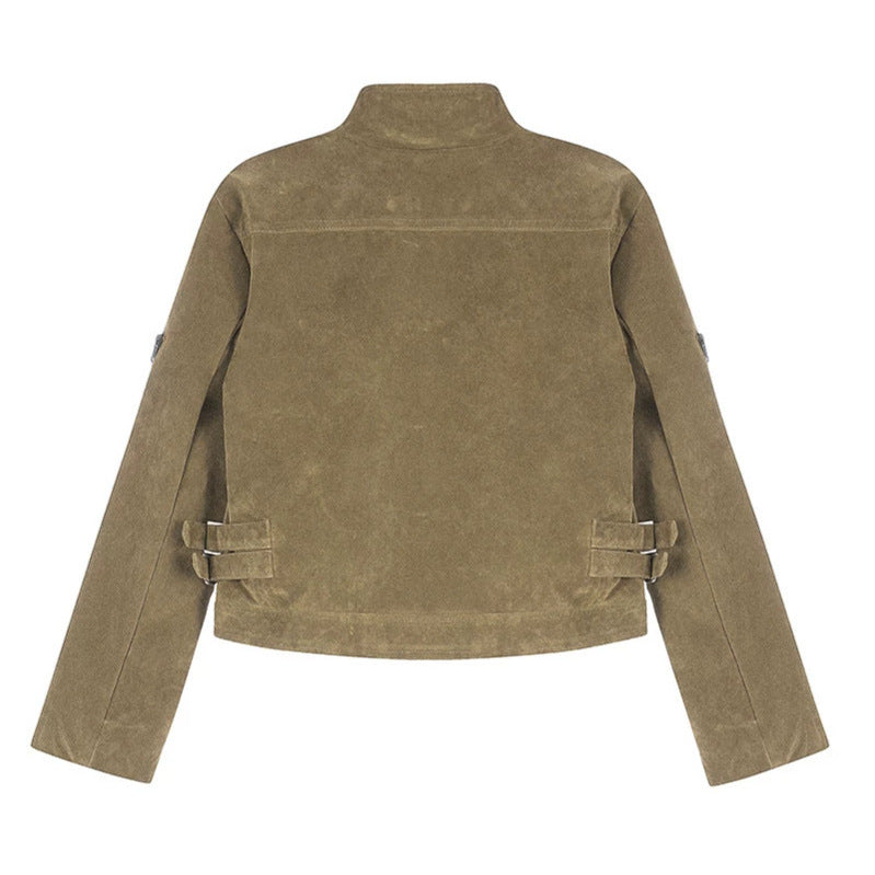 Damen Kurz geschnittene Wildlederjacke mit Stehkragen, Utility-Taschen und Seiten-Schnallen Drune