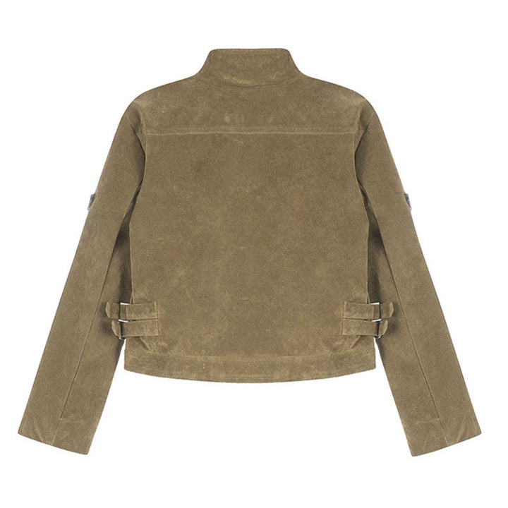 Damen Kurz geschnittene Wildlederjacke mit Stehkragen, Utility-Taschen und Seiten-Schnallen Drune