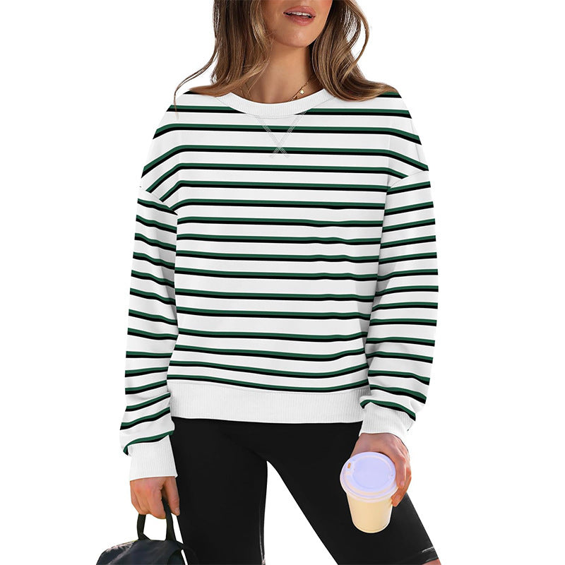Damen lässiger Sweatshirt mit modernem Streifenmuster und Rundhalsausschnitt Drune