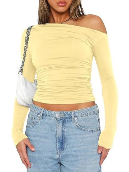Damen figurbetontes Langarmshirt mit asymmetrischem Ausschnitt und Raffungen Drune