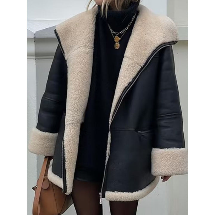 Damen Kunstlederjacke mit gemütlichem Teddyfutter und praktischen Taschen Drune