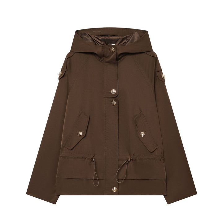 Damen leichter taillierbarer Kapuzen‑Parka mit Tunnelzug, Pattentaschen und Knopfleiste Drune