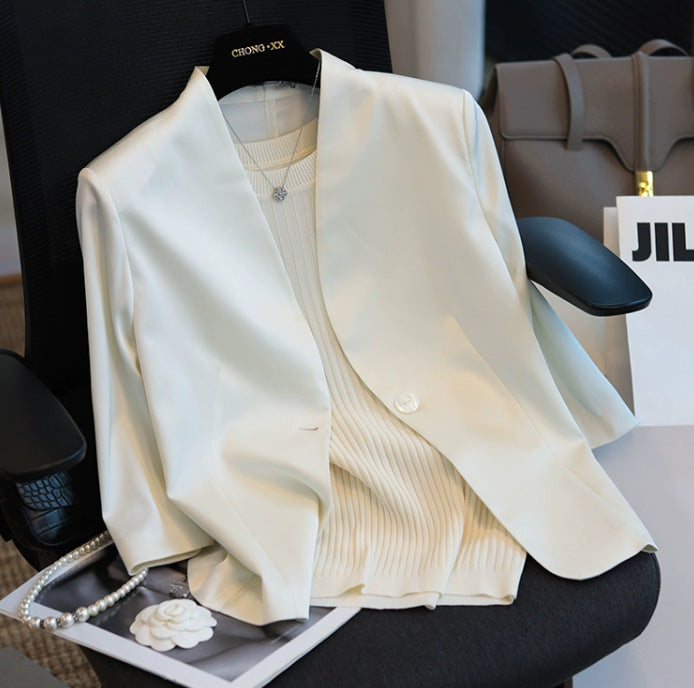 Damen Minimalistischer taillierter Einreihiger Blazer ohne Revers mit offener Kragenlinie Drune