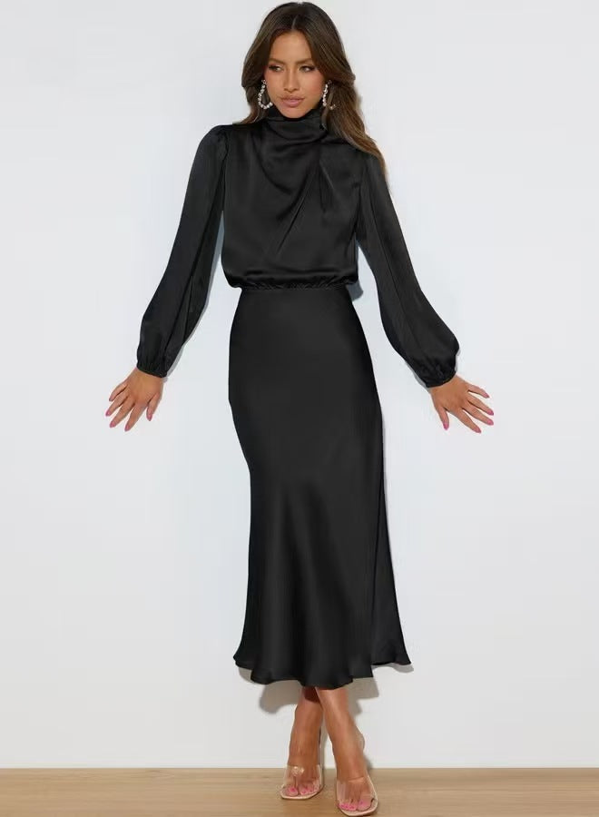 Damen Elegantes Satin-Midikleid mit Stehkragen, Blouson-Oberteil und fließendem Rock Drune