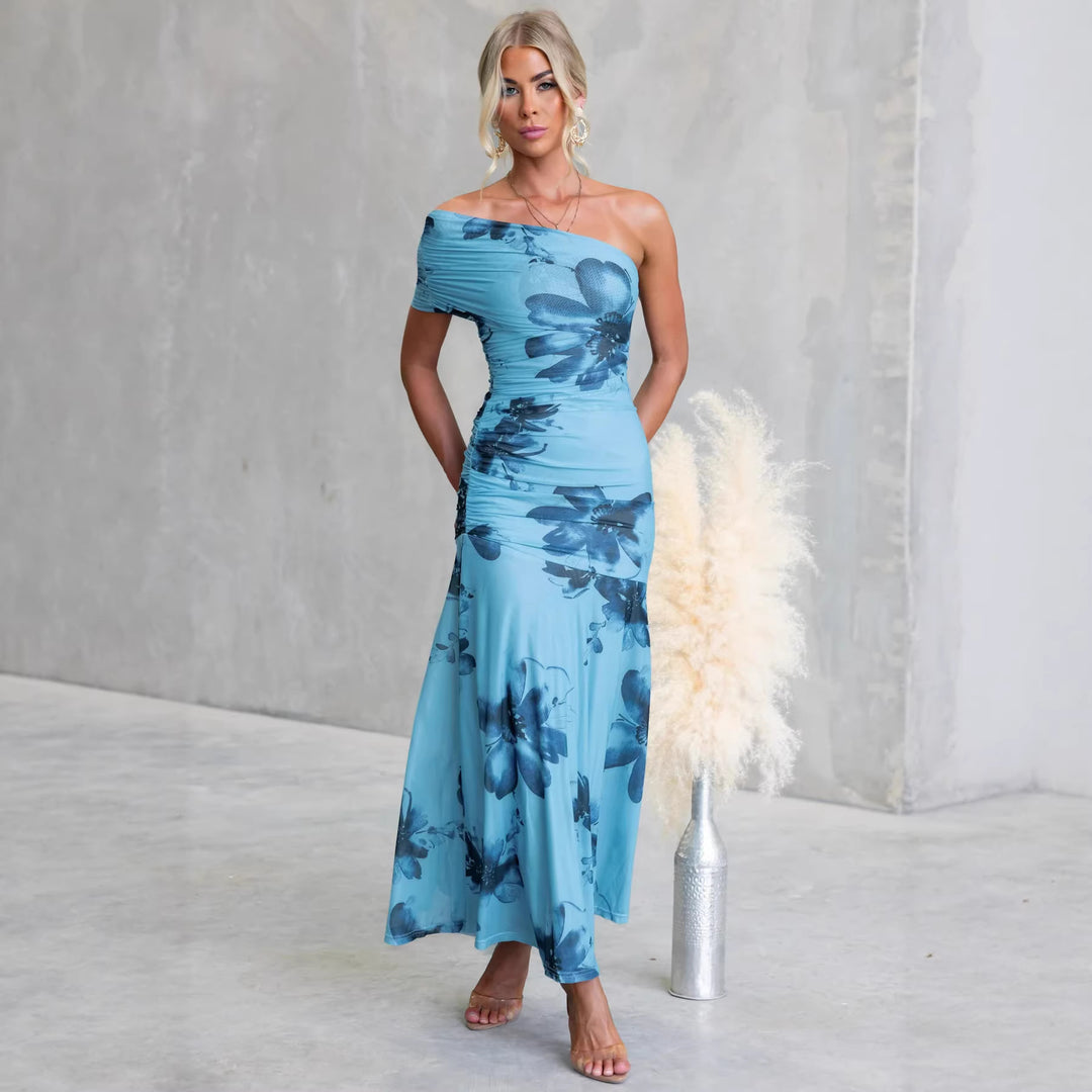 Damen Off-Shoulder Maxikleid mit floralen Akzenten und gerafftem Design Drune