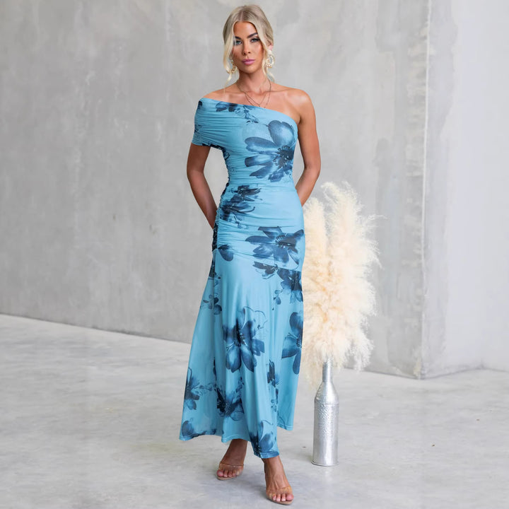 Damen Off-Shoulder Maxikleid mit floralen Akzenten und gerafftem Design Drune