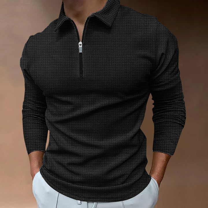 Herren Feines Waffelstrick-Halbzip-Polo mit Kentkragen & Langarm Drune