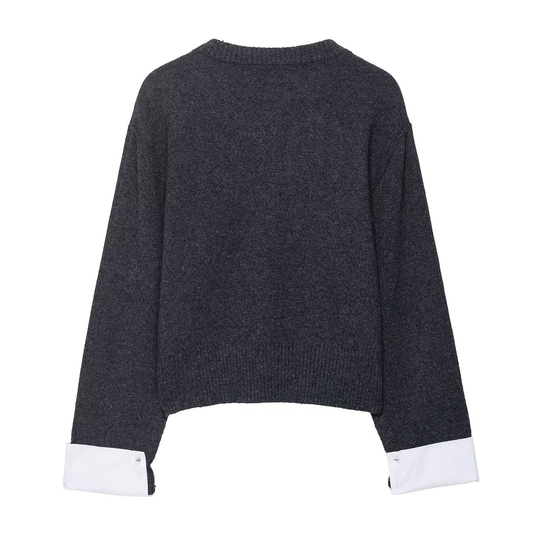 Damen modische Strickjacke mit kontrastierenden Ärmeln und durchgehender Knopfleiste Drune