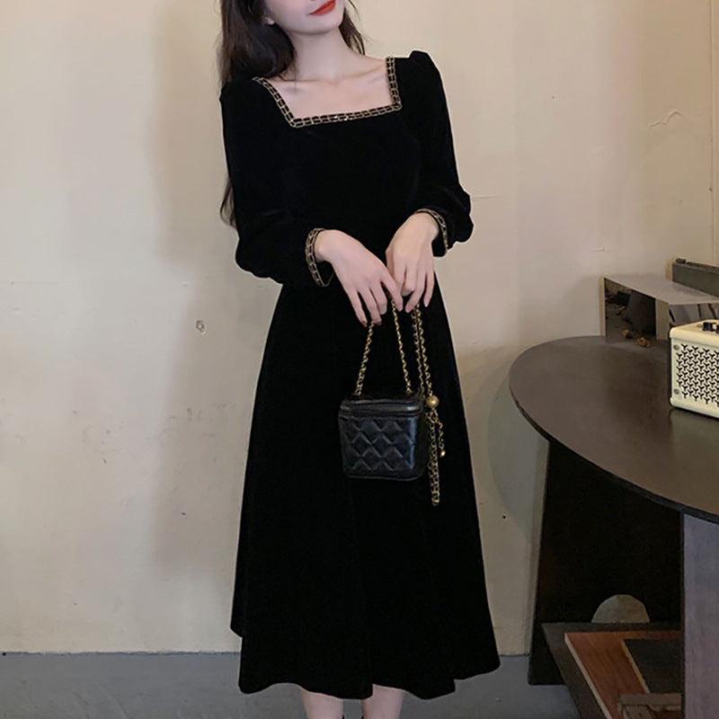 Damen elegantes Samt-Midi-Kleid mit quadratischem Ausschnitt und Puffärmeln