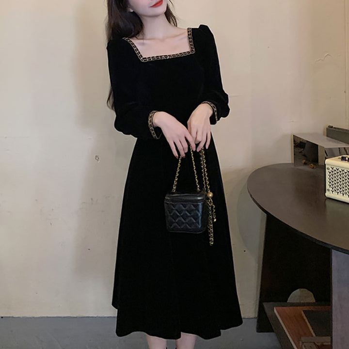 Damen elegantes Samt-Midi-Kleid mit quadratischem Ausschnitt und Puffärmeln