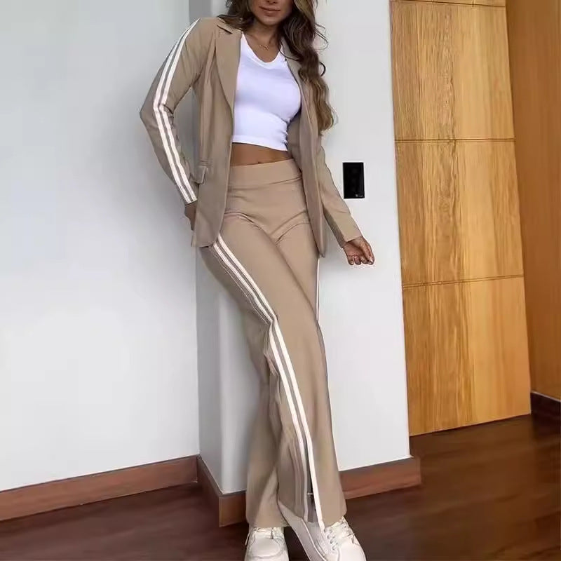 Damen nan sportlich-elegantes Zweiteiler-Blazer-Set mit tailliertem Blazer und weitem Jogginghosen‑Schnitt samt Seitenstreifen Drune