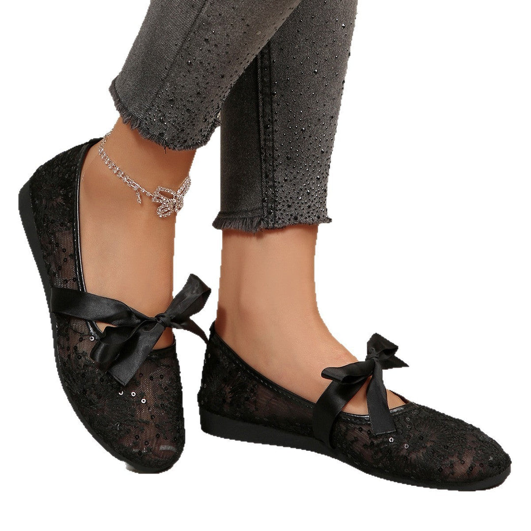 Damen Elegante Spitzenschuhe mit dekorativen Schleifen und funkelnden Akzenten Drune