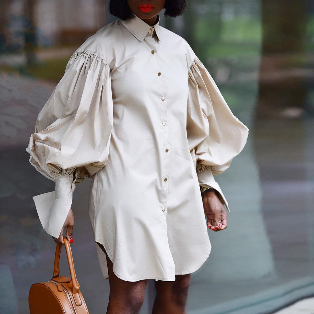 Damen Oversize Hemdblusenkleid mit voluminösen Ärmeln und Knopfdetails Drune