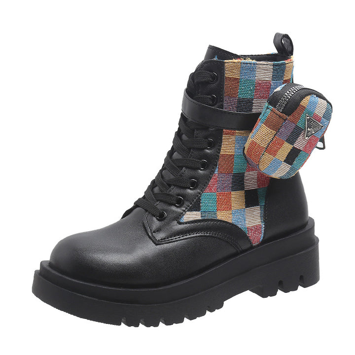Damen modische Schnürstiefeletten mit buntem Riemendesign und praktischer Seitentasche Drune