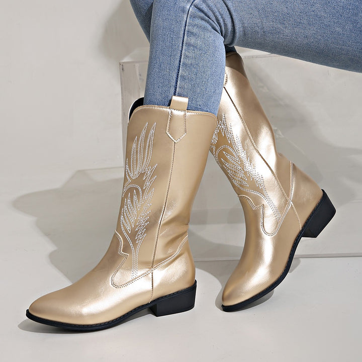 Damen Cowgirl-Kniehoher Stiefel mit dekorativer Stickerei, Pull‑Tabs und komfortablem Blockabsatz Drune