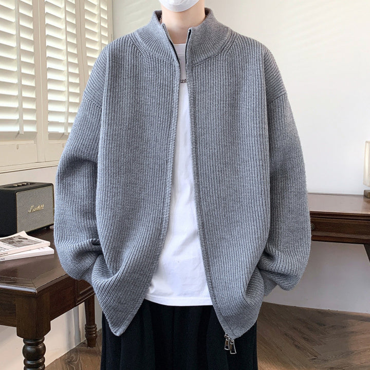 Herren Oversized Strick‑Zipjacke mit hohem Stehkragen und feiner Rippstruktur Drune