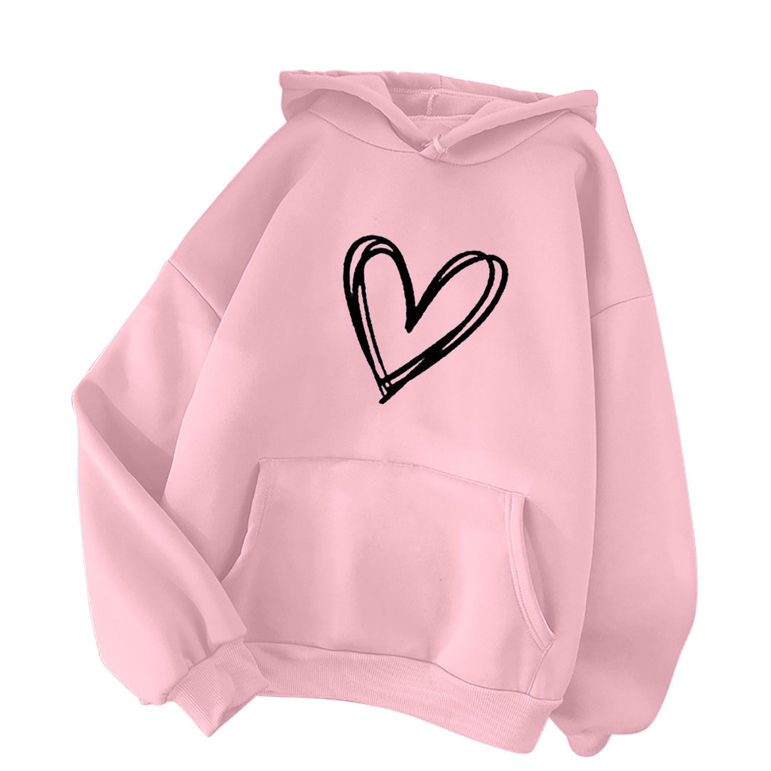 Damen nan oversized Kapuzenpullover mit handgezeichnetem Herzprint, Kängurutasche und weichem Fleece-Innenfutter Drune