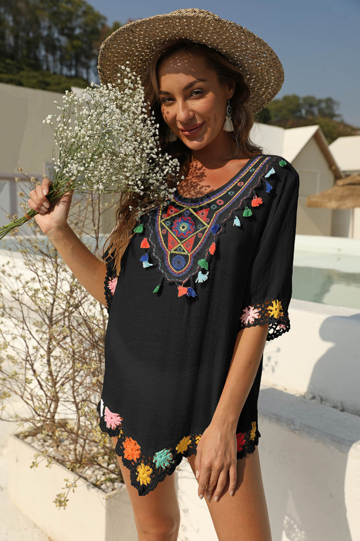 Damen luftiger Kaftan mit buntem Häkelmuster Drune