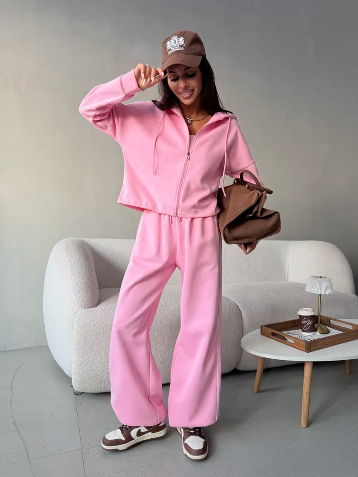 Damen lässiges Lounge-Set aus French-Terry mit Kurzzip-Hoodie und High-Waist Wide-Leg Jogginghose mit Kontrastpaspel Drune