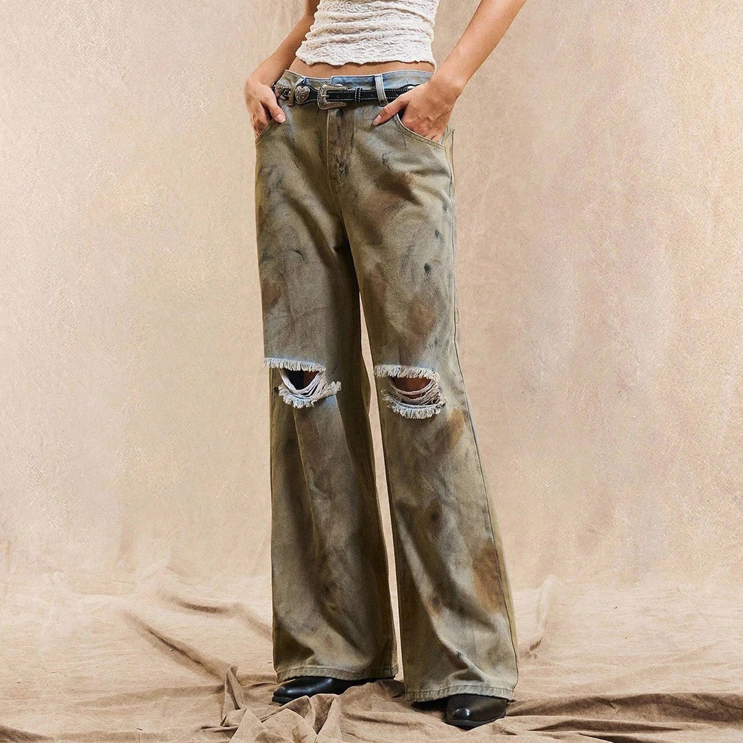 Damen Weit geschnittene Jeanshose mit distressed Details Drune