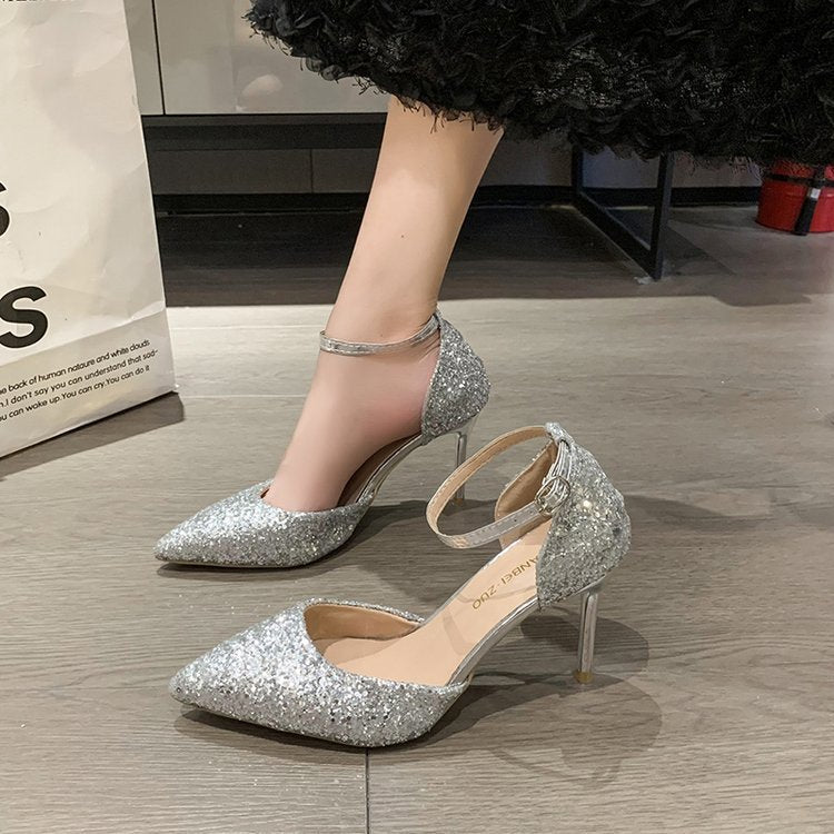 Damen elegante Spitzen High Heels mit transparentem Riemen Drune
