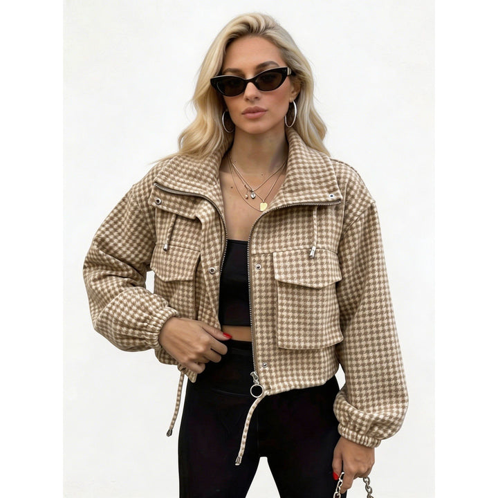 Damen Karo-Cropped-Jacke mit Stehkragen, Tunnelzug und elastischen Bündchen Drune