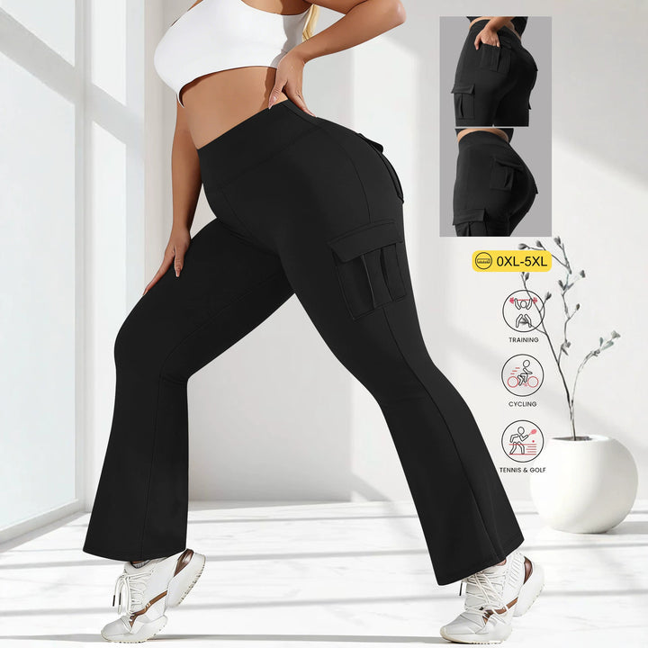 Damen High-Waist Cargo-Yoga-Flarehose mit Seitentaschen Drune
