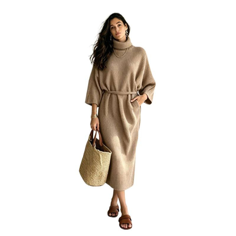 Damen Midikleid aus Rippstrick mit Rollkragen, Bindegürtel und Eingrifftaschen Drune