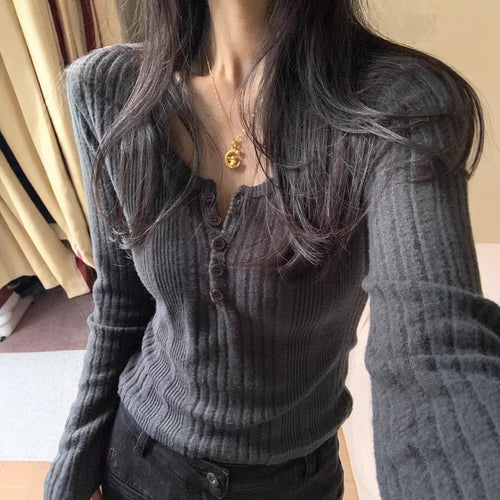 Damen figurbetonter Langarm-Pullover mit Knopfdetails Drune