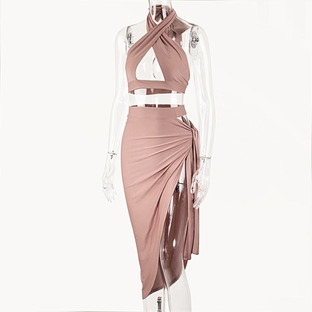 Damen Elegantes Cut-Out Kleid mit Wickeloptik und tiefem Ausschnitt Drune