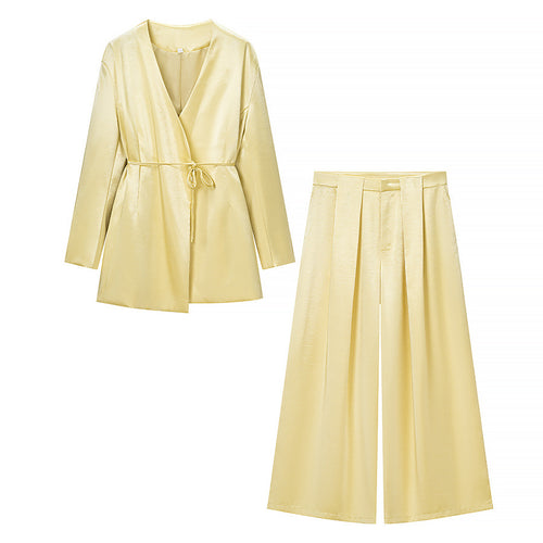 Damen Zweiteiliges Satin-Blazer-Set mit Wickeljacke und hochtaillierter Plissee-Weitbein-Hose Drune