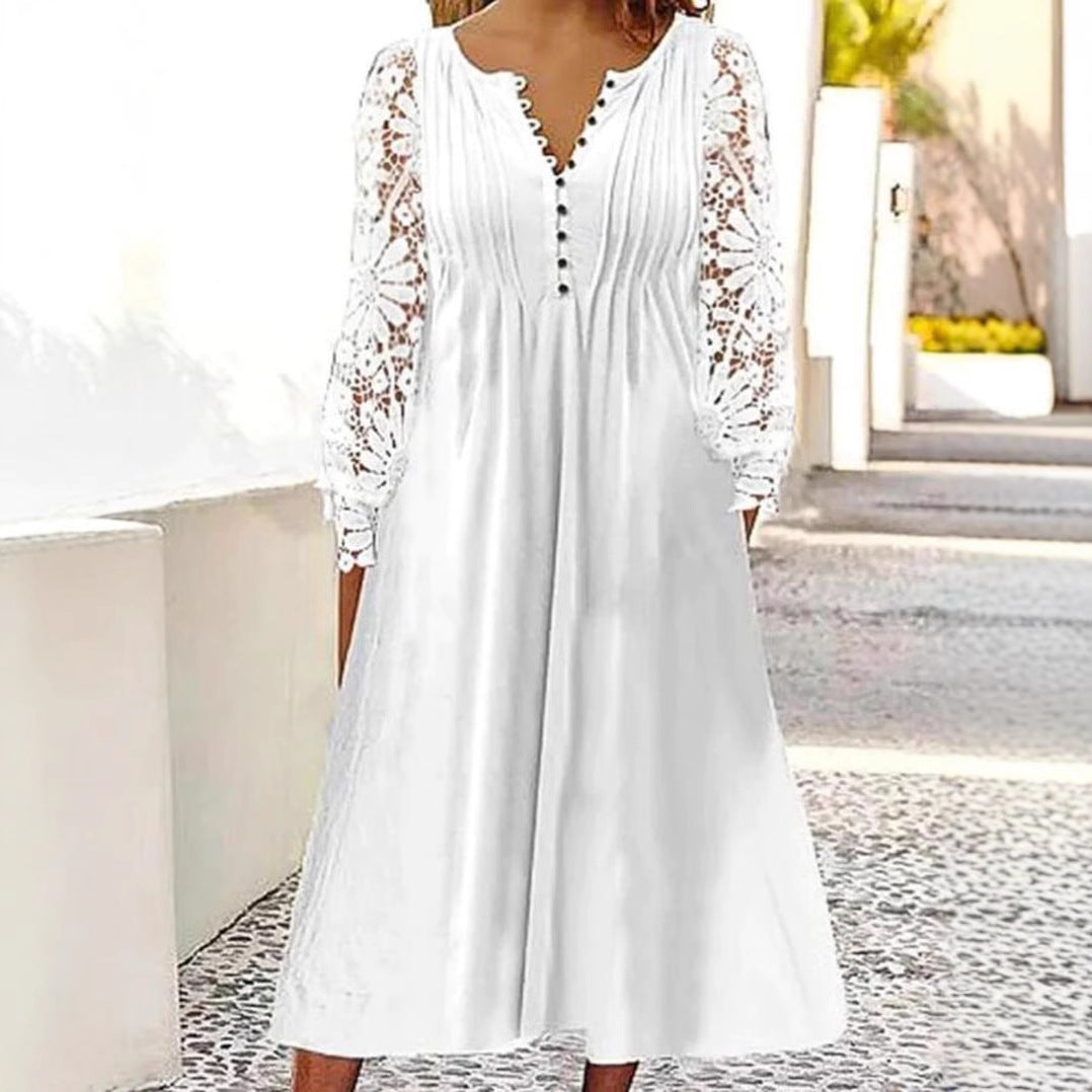 Damen nan wadenlanges A-Linien-Sommerkleid mit gehäkelten Langärmeln, Biesenoberteil und Zierknopfleiste Drune