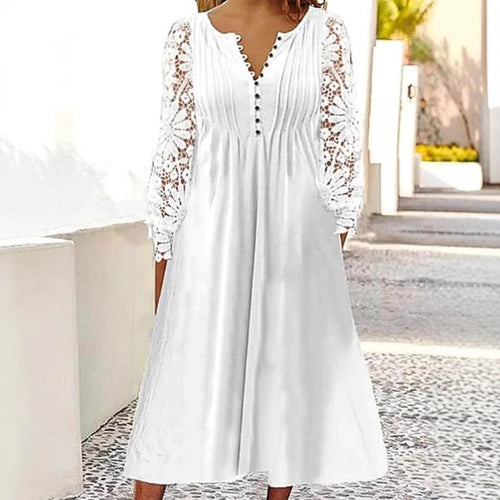 Damen nan wadenlanges A-Linien-Sommerkleid mit gehäkelten Langärmeln, Biesenoberteil und Zierknopfleiste Drune