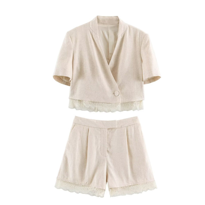 Damen Zweiteiler Kurzblazer mit V-Ausschnitt und Spitzenbesatz sowie hochtaillierte Bundfalten-Shorts Drune