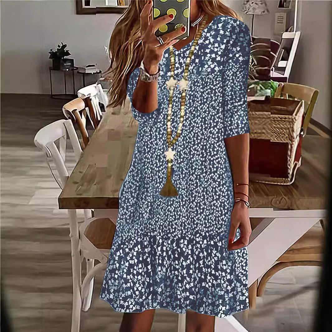 Damen Casual Midi Kleid mit Rüschensaum, Dreiviertelarm und Blumendruck Drune
