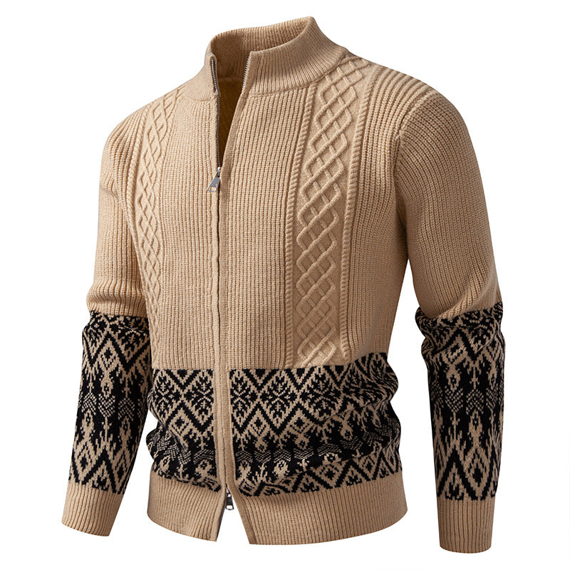 Herren Hochwertige Norweger-Zip-Strickjacke mit Zopfmuster und Stehkragen Drune
