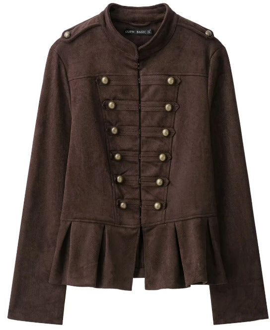 Damen Militärjacke aus Wildlederimitat mit Stehkragen und Schößchen Drune