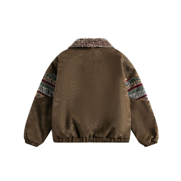 Damen Kurzer Suede-Bomber mit Kunstfellkragen und Ethno-Webeinsätzen Drune