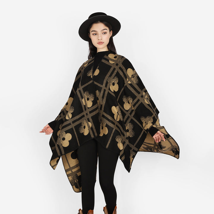 Damen Reversibler Jacquard-Poncho aus Wollmix mit floralem Karo‑Motiv und Zierkettelnaht Drune