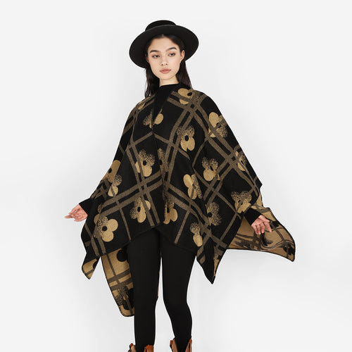 Damen Reversibler Jacquard-Poncho aus Wollmix mit floralem Karo‑Motiv und Zierkettelnaht Drune