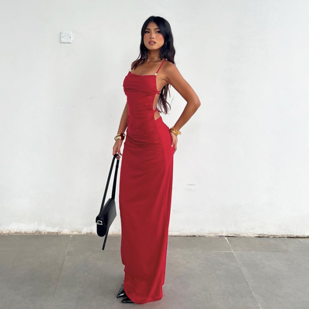 Damen elegantes Maxikleid mit raffinierten Rüschendetails und verstellbaren Trägern Drune