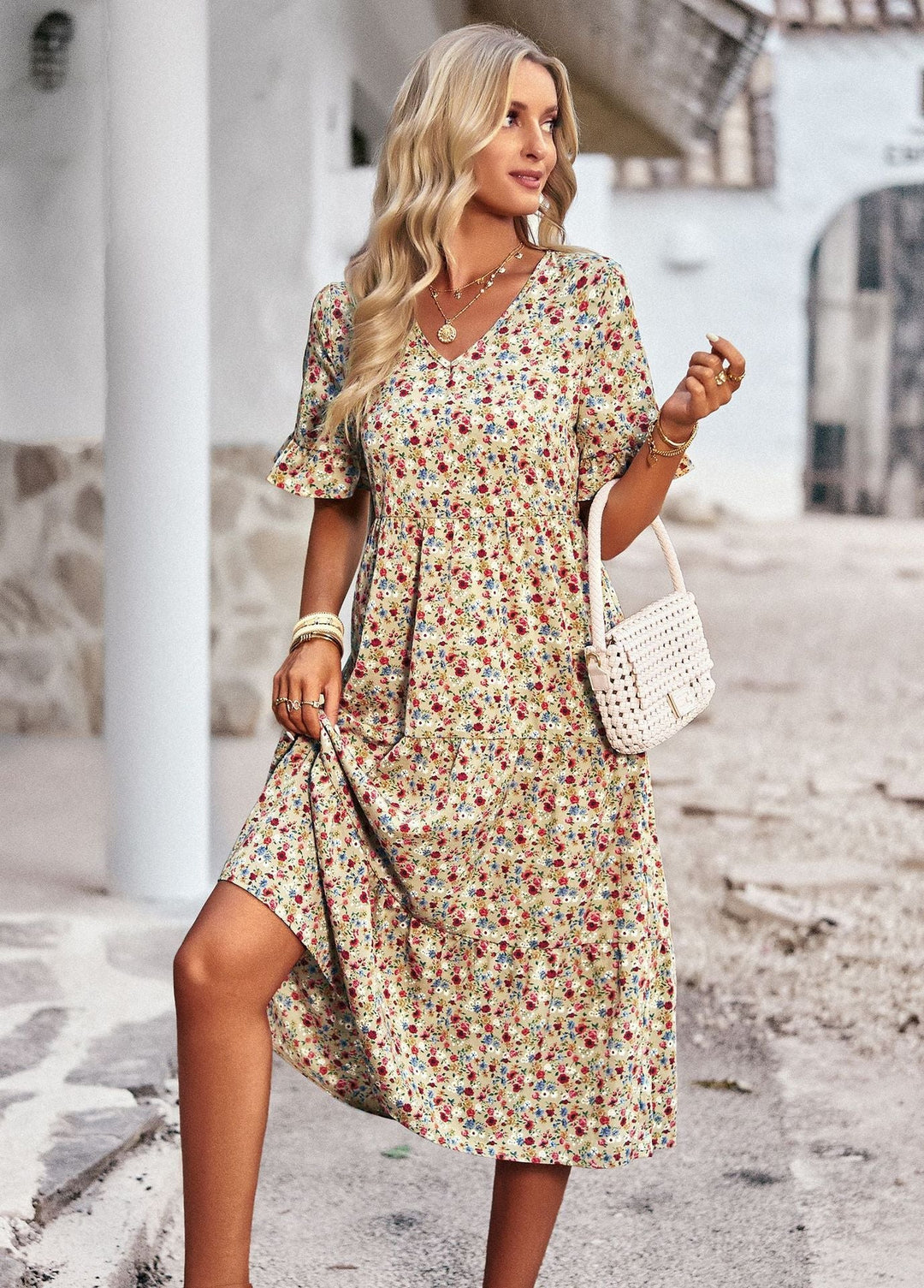 Damen Midi-Kleid mit Floralem Muster und Verspieltem V-Ausschnitt Drune